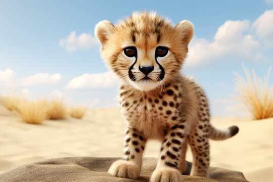 Filhote de guepardo fofinho na planice - Ilustração fofa 