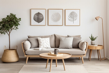 Ambiente sala de estar com decoração cinza e natural - Papel de parede - Sofá, mesa de centro e quadros - obrazy, fototapety, plakaty