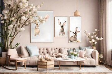 A Canvas Frame for a mockup poised elegantly in an Easter living room, with the inviting allure of a cozy reading nook decked out with Easter motifs and pastel-colored decor