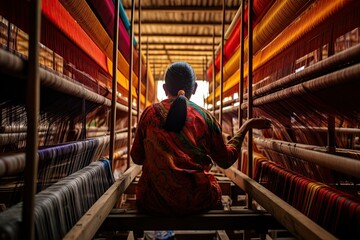 Woman weaving loom in traditional silk loom, rear view of a Weaver weaving silk and cotton costumes, Asian woman works on cotton or silk weaving with traditional hand weaving loom.