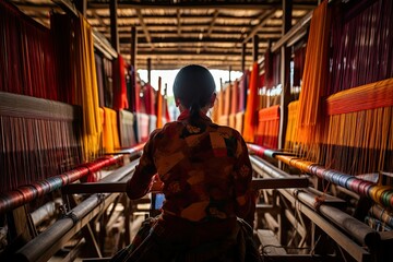 Young woman weaving traditional silk loom at loom room in Thailand, rear view of a woman weaving silk and cotton costumes, fabric making, hand made pattern - obrazy, fototapety, plakaty