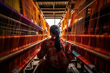 Woman weaving silk on loom at traditional silk loom weaving factory, Unidentified women weaving traditional Chinese silk, tribal culture, hand made cloths - obrazy, fototapety, plakaty