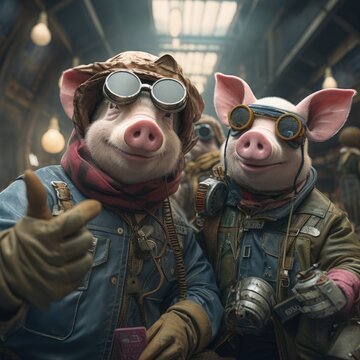 pigs portrait with sunglasses, Funny animals in a group together looking at the camera, wearing clothes, having fun together, taking a selfie, An unusual moment full of fun and fashion consciousness.