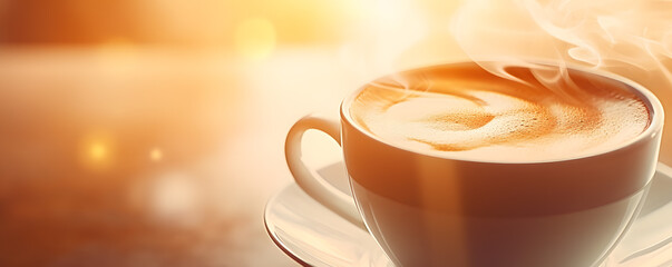 close up of a cup of a hot coffee cappuccino - obrazy, fototapety, plakaty