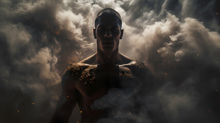 Muscular fighter man with strong expression coming out of dust smoke