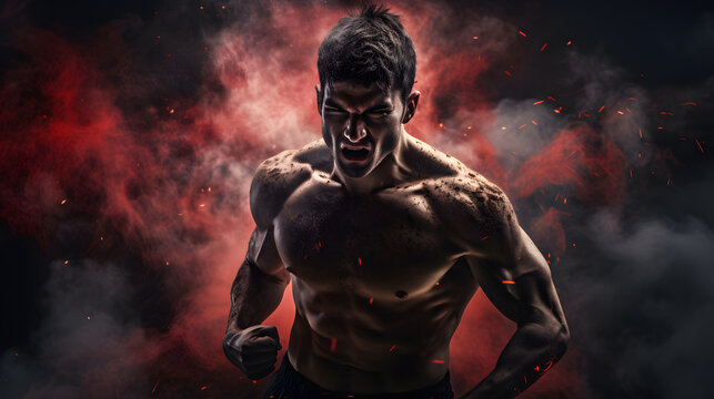 Muscular fighter man with strong expression coming out of dust smoke