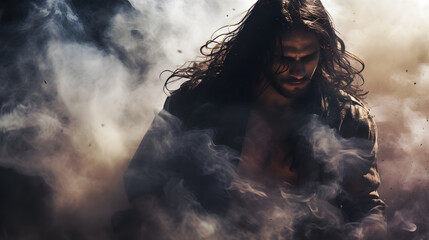Muscular fighter man with strong expression coming out of dust smoke