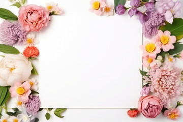 Bouquet of pink flowers and empty paper sheet from above. vintage card, top view, space for text, flat lay, mockup.