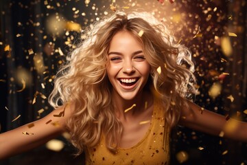 Fototapeta premium Young happy cheerful young woman enjoyong the party. Clubbing, dancing, new year celebration idea