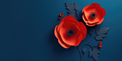 Banner with paper cut red poppy flower, symbol for remembrance, memorial, anzac day
