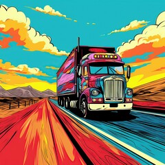 Container truck on pop art style image. AI generated image - obrazy, fototapety, plakaty