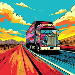 Schilderijen op glas Container truck on pop art style image. AI generated image © is