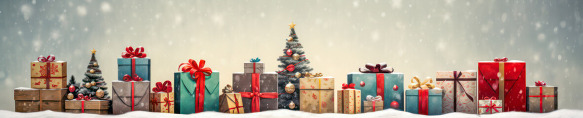 Fototapeta na wymiar Christmas presents as panorama background