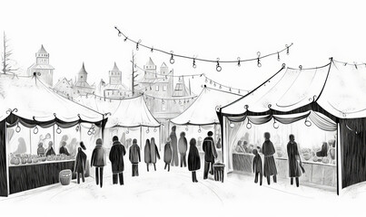 Obraz premium Christmas market black and white simple line art sketch