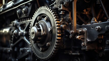 Old steam train locomotive wheels close up view. AI generated image - obrazy, fototapety, plakaty
