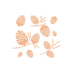 Set of symbolic pine cones on branch with buds in minimalist simple style in monochrome beige and brown tones. Vector graphics in rustic style on isolated white background.