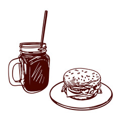 A glass of juice with a straw and a hamburger. Vector illustration of food in graphic style. Menus of restaurants, cafes, food labels, covers.