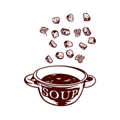 A bowl of soup and flying croutons. Vector illustration of food in graphic style. Menus of restaurants, cafes, snack bars, food labels, covers. - obrazy, fototapety, plakaty