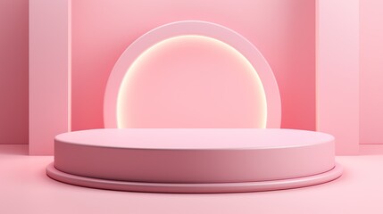 Empty neon Podium Display, isolated pink Background. AI generated
