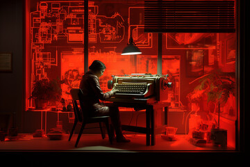 a neon red cafe with a writer typing away on an old typewriter