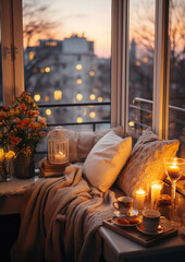 Christmas interior of a cozy bedroom, a room with a view of the evening city in lights, New Year, apartment, sweet home, holiday decor, plaid, pillow, candles, bed, window, warm, holiday, festive - obrazy, fototapety, plakaty