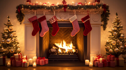 decorated christmas mantle with stockings - Powered by Adobe