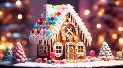 gingerbread house decorated with icing and candy - obrazy, fototapety, plakaty