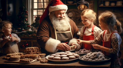 father and children baking christmas cookies