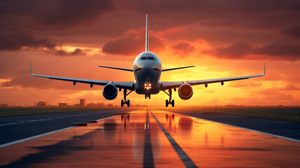 large jetliner taking off from an airport at sunset