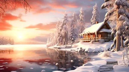 Fotobehang winter landscape with small cabin by lake surrounded by snowy firs © Melinda Nagy