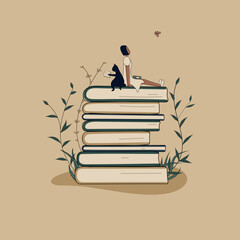Concept: book is source of knowledge.A tiny African woman and cat reading book sitting on stack of books.Volumes with plants as symbol of education.For library or bookstore.Hand-drawn vector