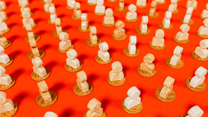 Red surface with person icons organized in rows, representation of organization and society