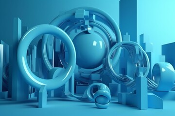 Abstract elements on blue. Futuristic design. 3D render. Generative AI