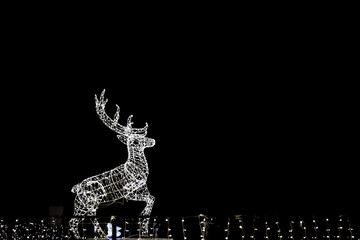 Running reindeer with antlers decorated with fairy lights, photographed from the side. Constance...