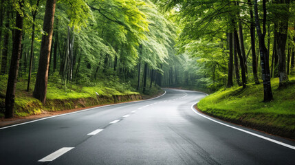 Fototapeta premium Lone winding asphalt road in perspective in the middle of a green forest