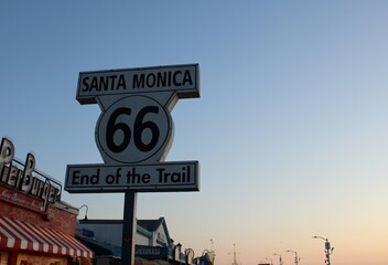 Los Angeles, California, USA; October 15 2023: Santa Monica beach end of the trail sign for the...