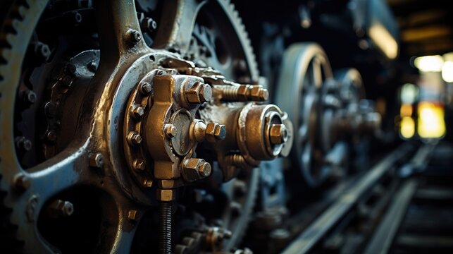 Old steam train locomotive wheels close up view. AI generated image