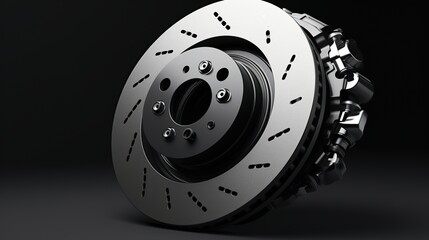 Closeup of steel disc brake car isolated dark background. AI generated image