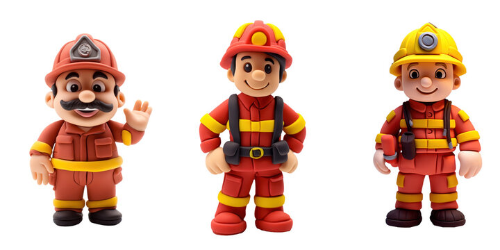 Funny cartoon fireman made of plasticine, different versions, isolated