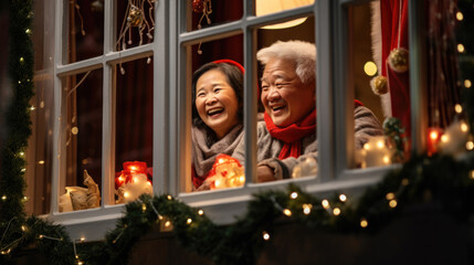 Fototapeta premium Happy senior couple at christmas night looking through the window.