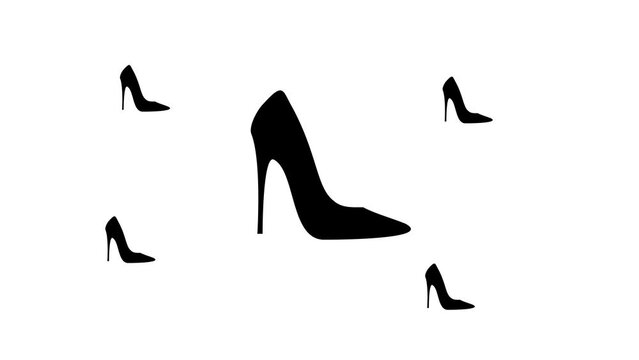 Zoom in and out animation the High heel shoe symbol. Large black symbol in the center and four small symbols around. Seamless looped 4k animation on white background
