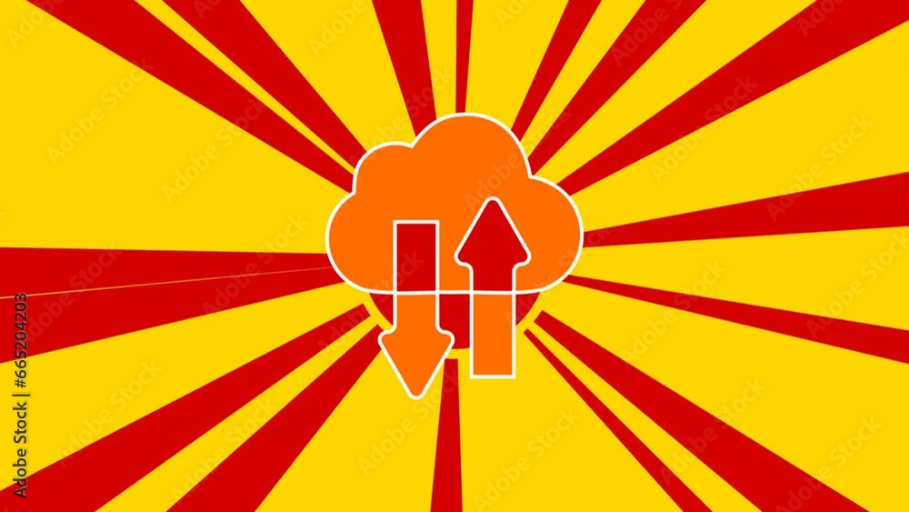 Poster cloud technology symbol on the background of animation from moving rays of the sun. large orange sym