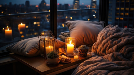 Christmas interior of a cozy bedroom, a room with a view of the evening city in lights, New Year, apartment, sweet home, holiday decor, plaid, pillow, candles, bed, window, warm, holiday, festive