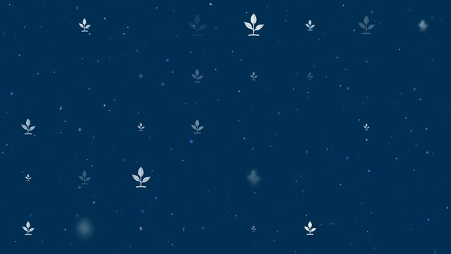 Template animation of evenly spaced sprout symbols of different sizes and opacity. Animation of transparency and size. Seamless looped 4k animation on dark blue background with stars