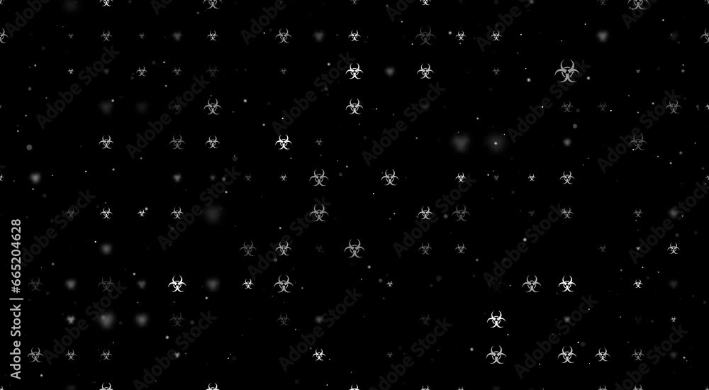 Poster template animation of evenly spaced biohazard symbols of different sizes and opacity. animation of t