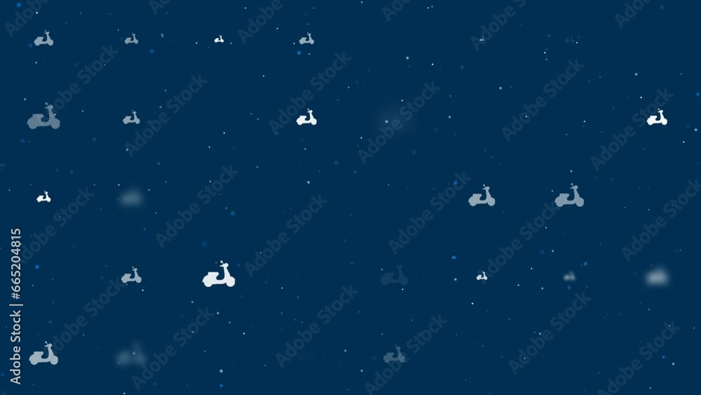 Poster template animation of evenly spaced scooter symbols of different sizes and opacity. animation of tra