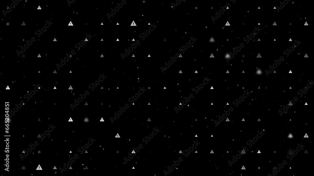 Poster template animation of evenly spaced warning symbols of different sizes and opacity. animation of tra