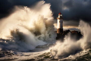 Fototapeta na wymiar Lighthouse on the seashore and giant waves hitting the shore