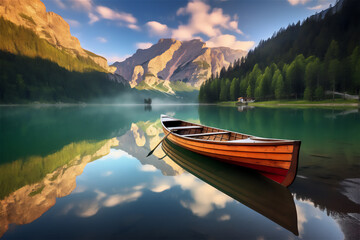 Wooden boat on lake, beautiful view of a rowing boat, calm lake, mountains and trees at the...