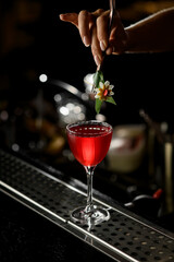 Closeup view of woman bartender's hand holding tweezers with fresh plant and decorating glass with...
